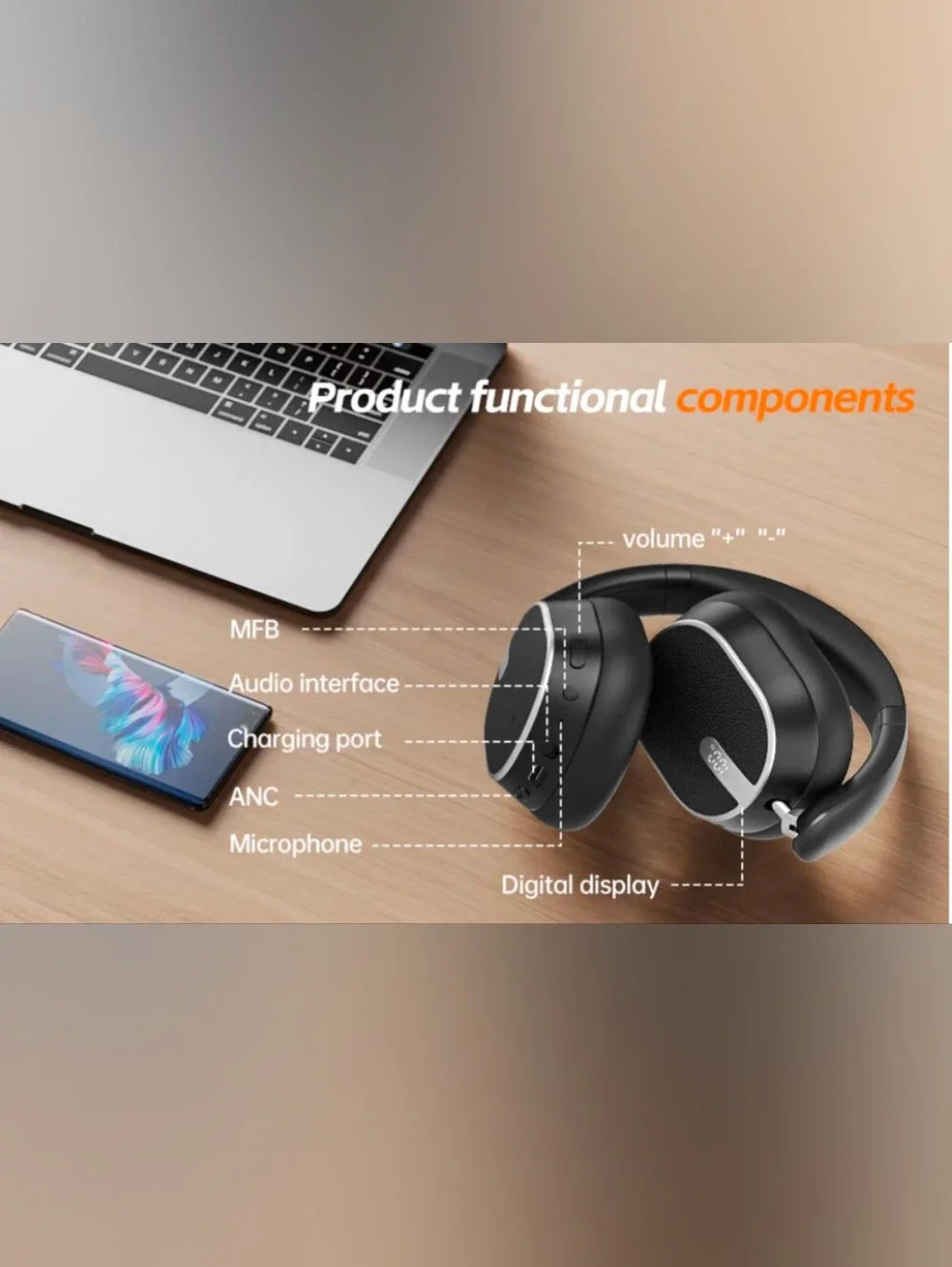 Wireless Black Over-Ear Headphones with ANC and Digital Display
